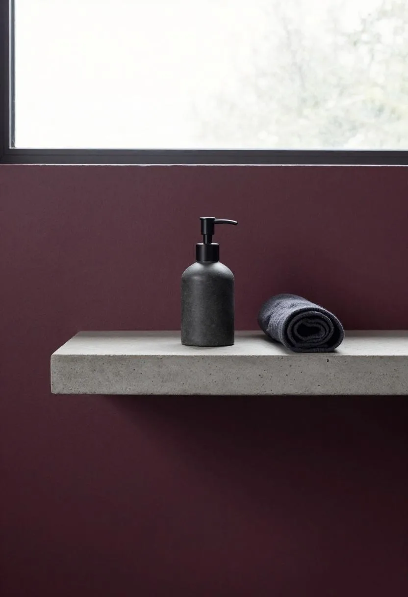 Plum Noir bathroom concrete floating shelf with slate soap dispenser and folded linen towel