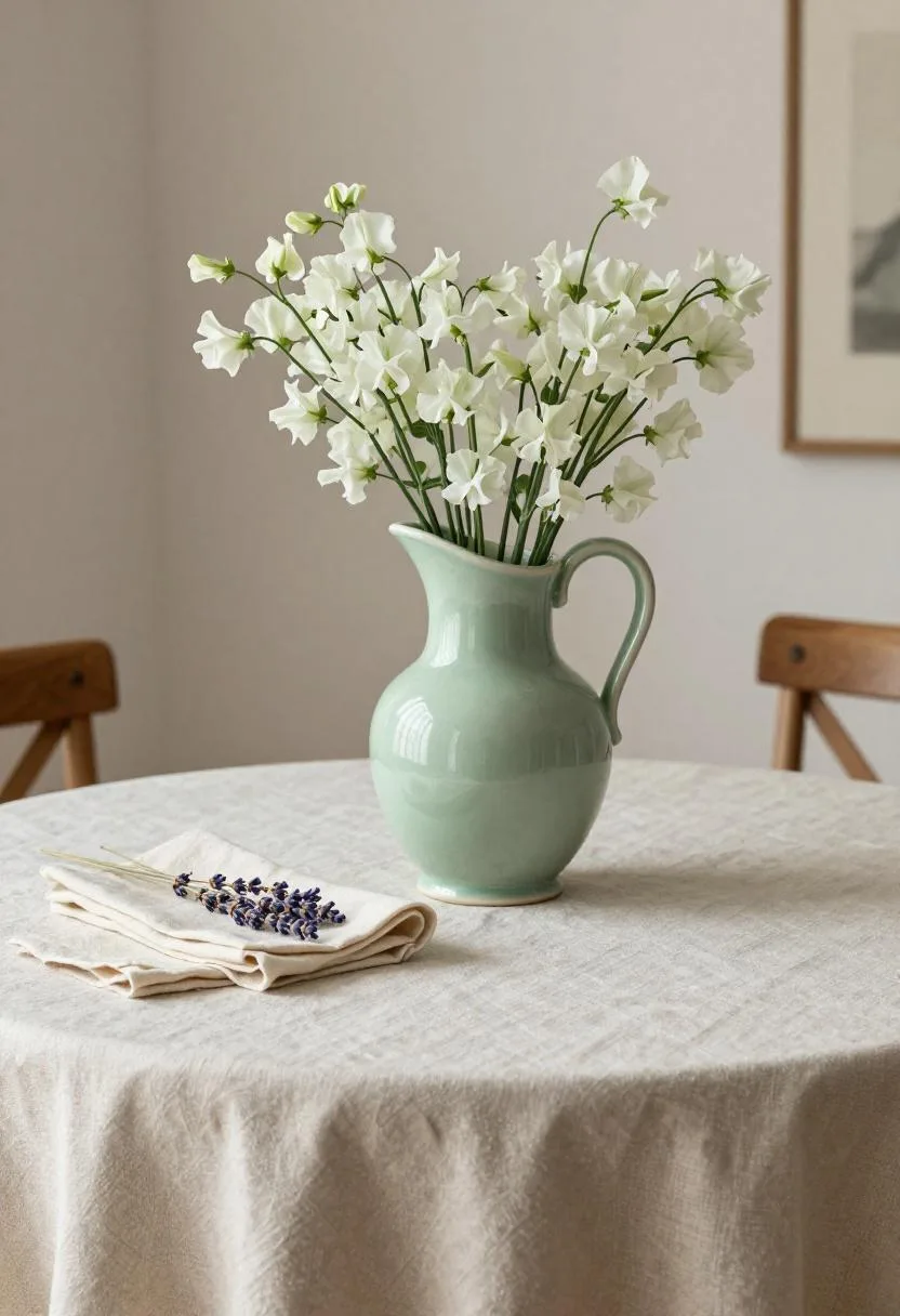 Plum Noir Easter table with sage-green ceramic pitcher of sweet peas and a lavender ribbon-tied linen napkin