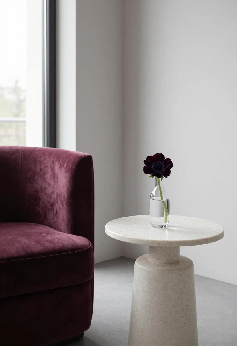 Plum Noir living room corner with a single dark anemone in a glass bud vase beside a deep velvet armchair