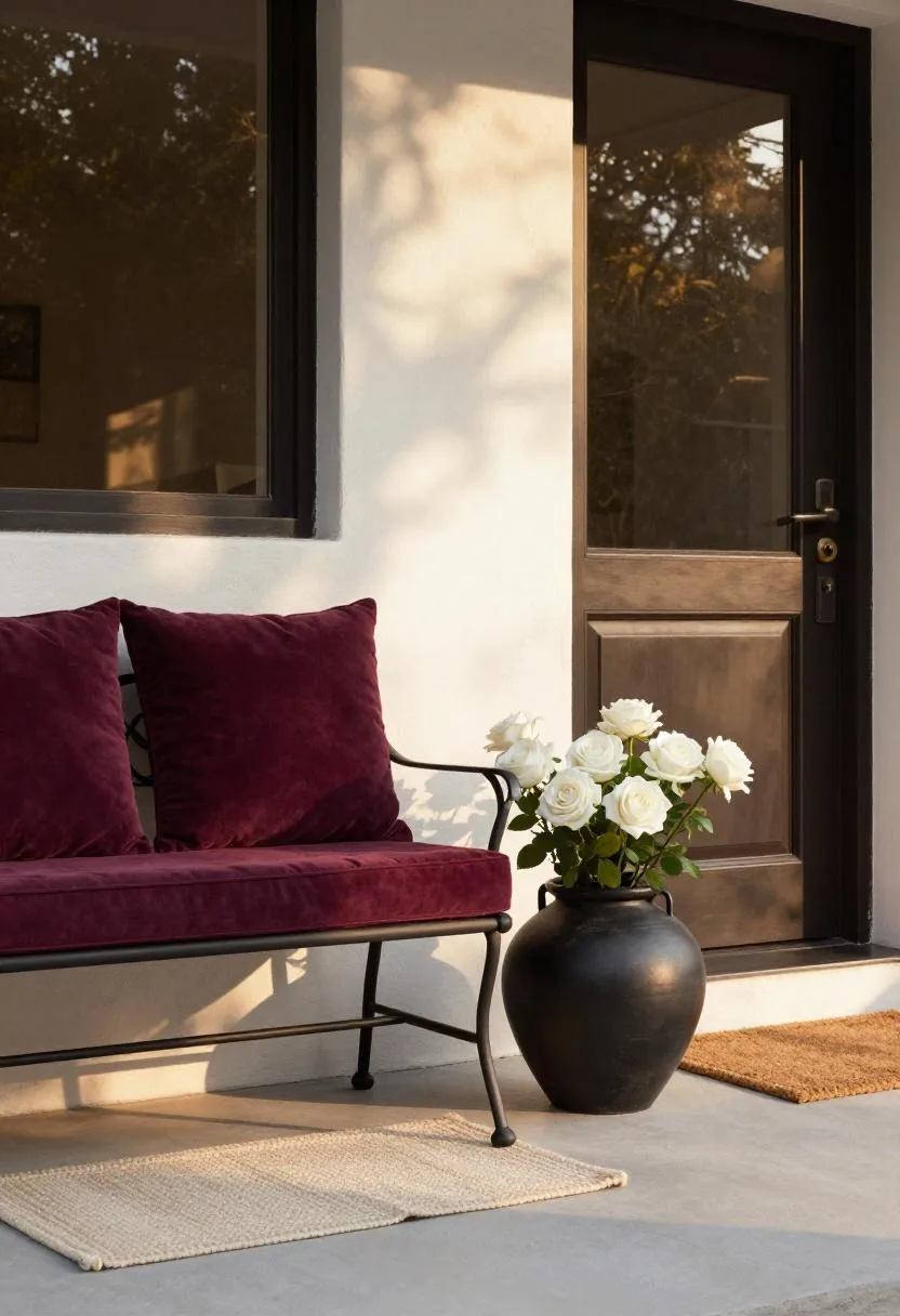 Plum Noir porch with velvet cushion, matte black ceramic pot, and cream jute doormat