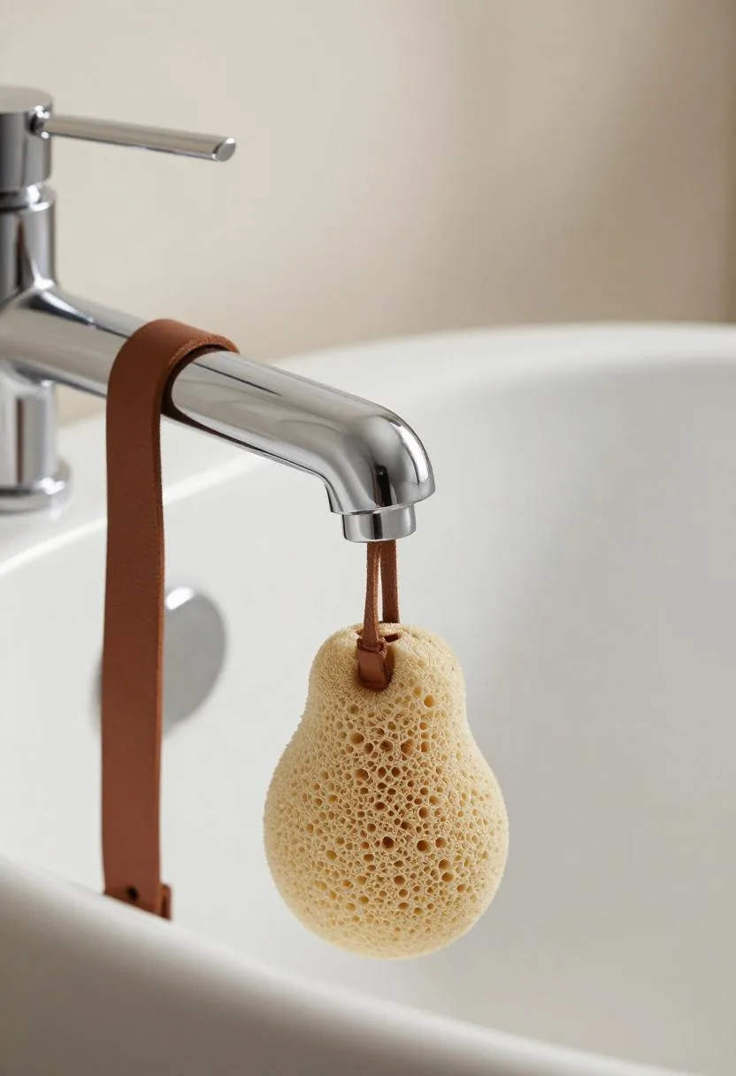 Polished nickel clawfoot tub faucet with a brown leather-strapped natural sea sponge hanging beside it in soft side light