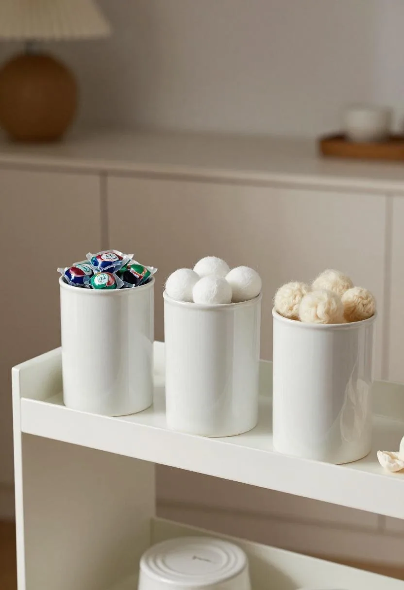 Overhead view of porcelain canisters organizing laundry supplies on a white shelf
