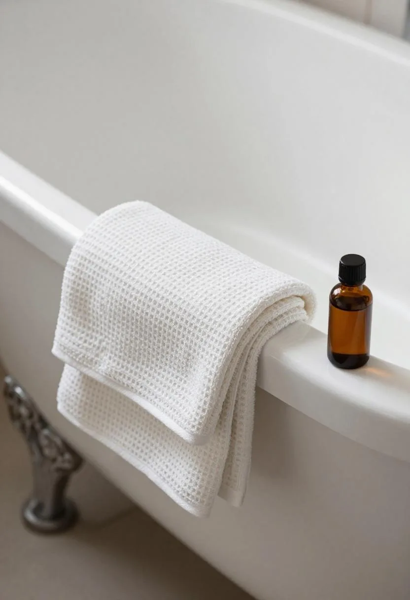 Rolled porcelain clawfoot tub rim with ivory waffle-weave towels and an amber bath oil bottle in soft daylight