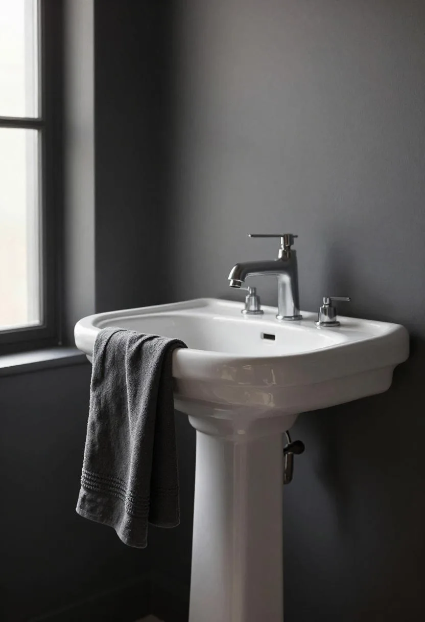 Interior design - powder room pedestal sink espresso accent wall