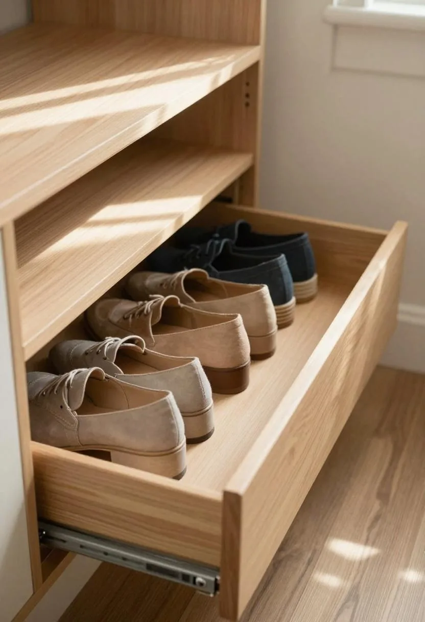 Pull-out cedar-lined shoe drawer extending smoothly from beneath the bottom stair step