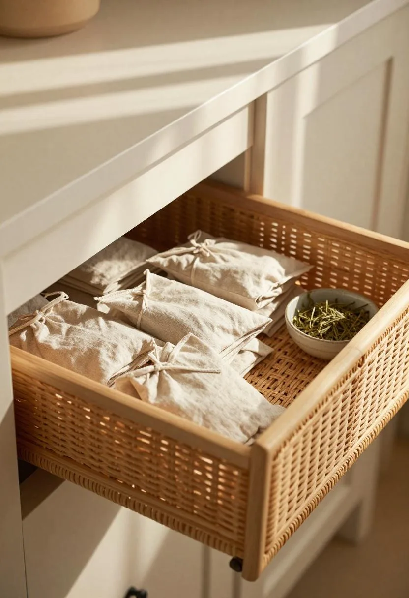 Pull-out rattan drawer in a pantry cabinet organizing snacks and dried herbs neatly