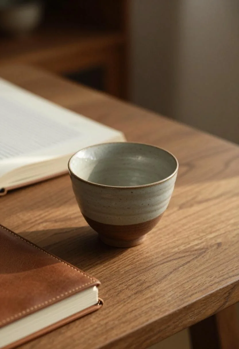 Raku ceramic tea cup beside an open journal on an oak work surface in Japandi style