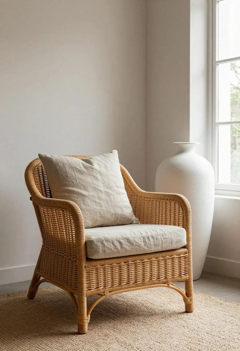 Rattan armchair with sandy beige cushions beside a tall ceramic vase in warm afternoon light