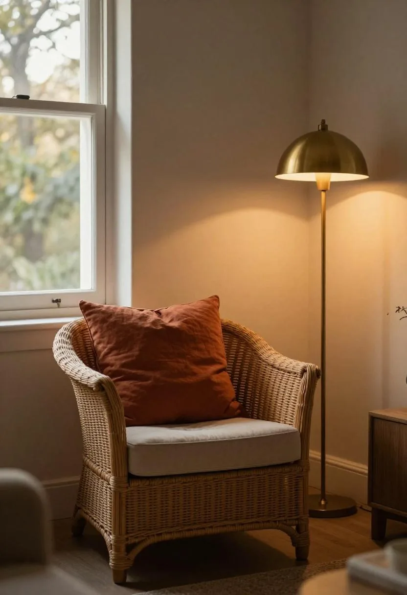 Rattan armchair with terracotta cushion beside a brass floor lamp in bohemian golden light