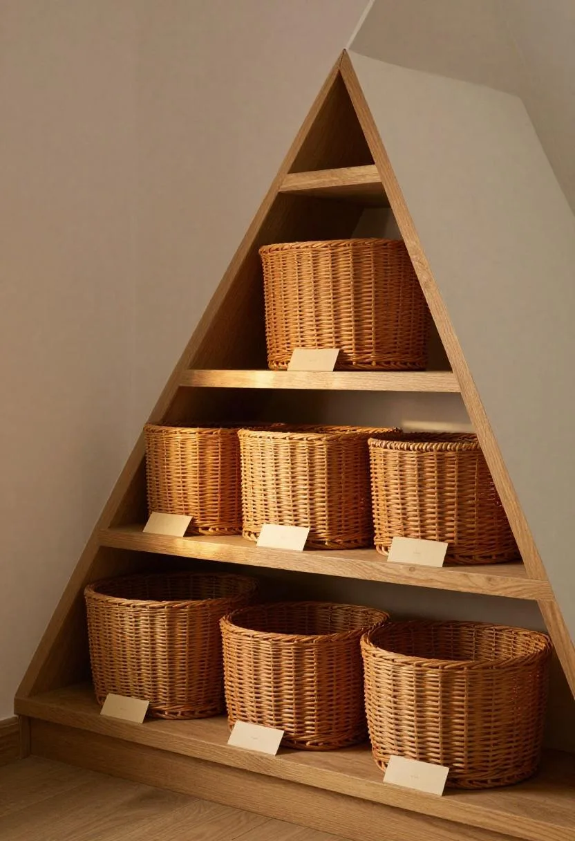 Stacked rattan storage baskets in graduated sizes on a pine shelf tucked into a triangular under-stair alcove