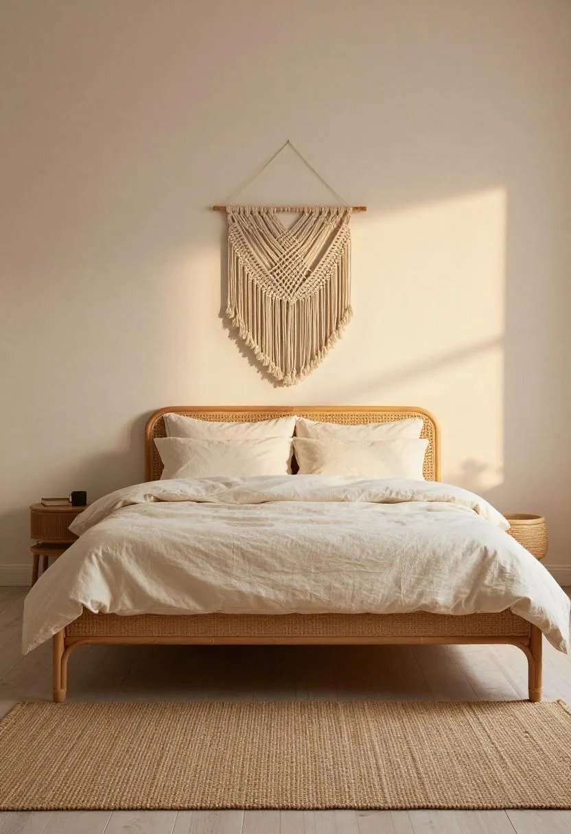 Rattan bed frame with cream cotton bedding and a macrame wall hanging bathed in golden hour light