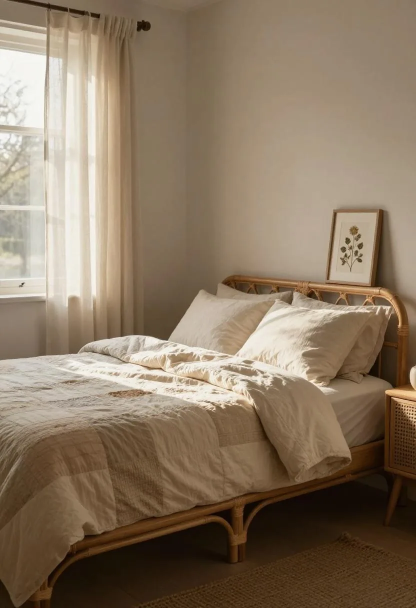 Rattan bed frame with cream patchwork quilt and pressed flower art framed above in morning light