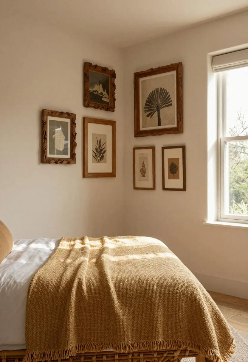 Rattan bed with a golden tan throw in front of a natural-wood gallery wall in a warm bohemian bedroom