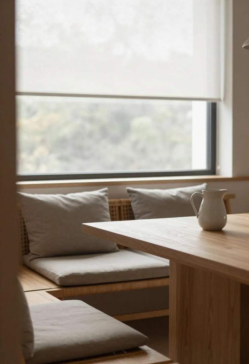 Rattan bench with taupe cushion and smoked oak table in airy Japandi-influenced breakfast nook