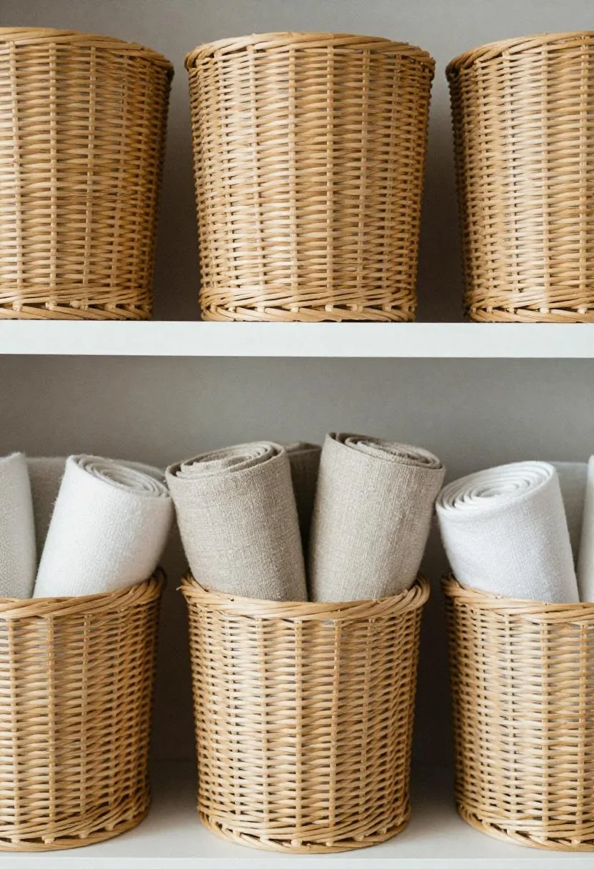 Rattan storage bins on a high closet shelf with rolled khaki scarves visible through the open center bin