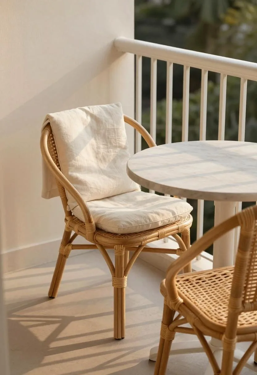 Rattan bistro set with cream linen seat pad in golden hour light on a coastal balcony