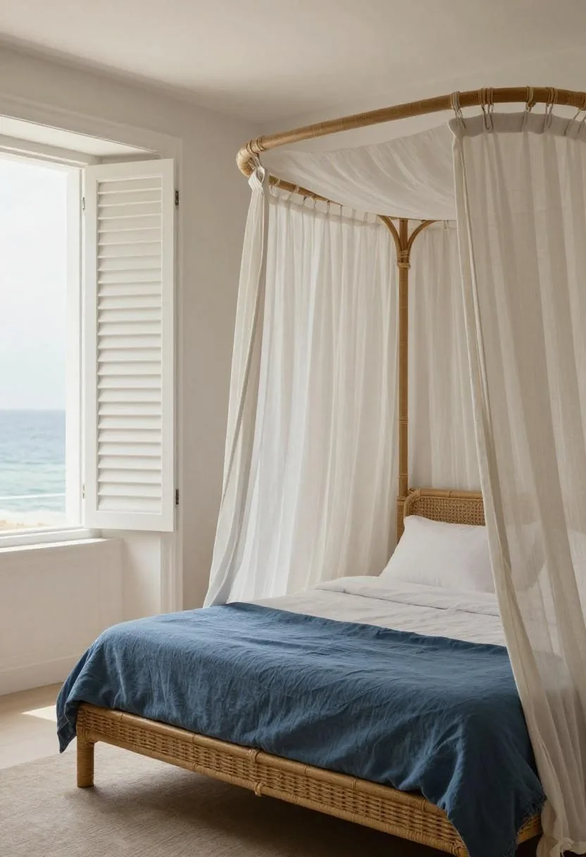 Rattan canopy bed with dusty blue linen throw in diffused coastal daylight