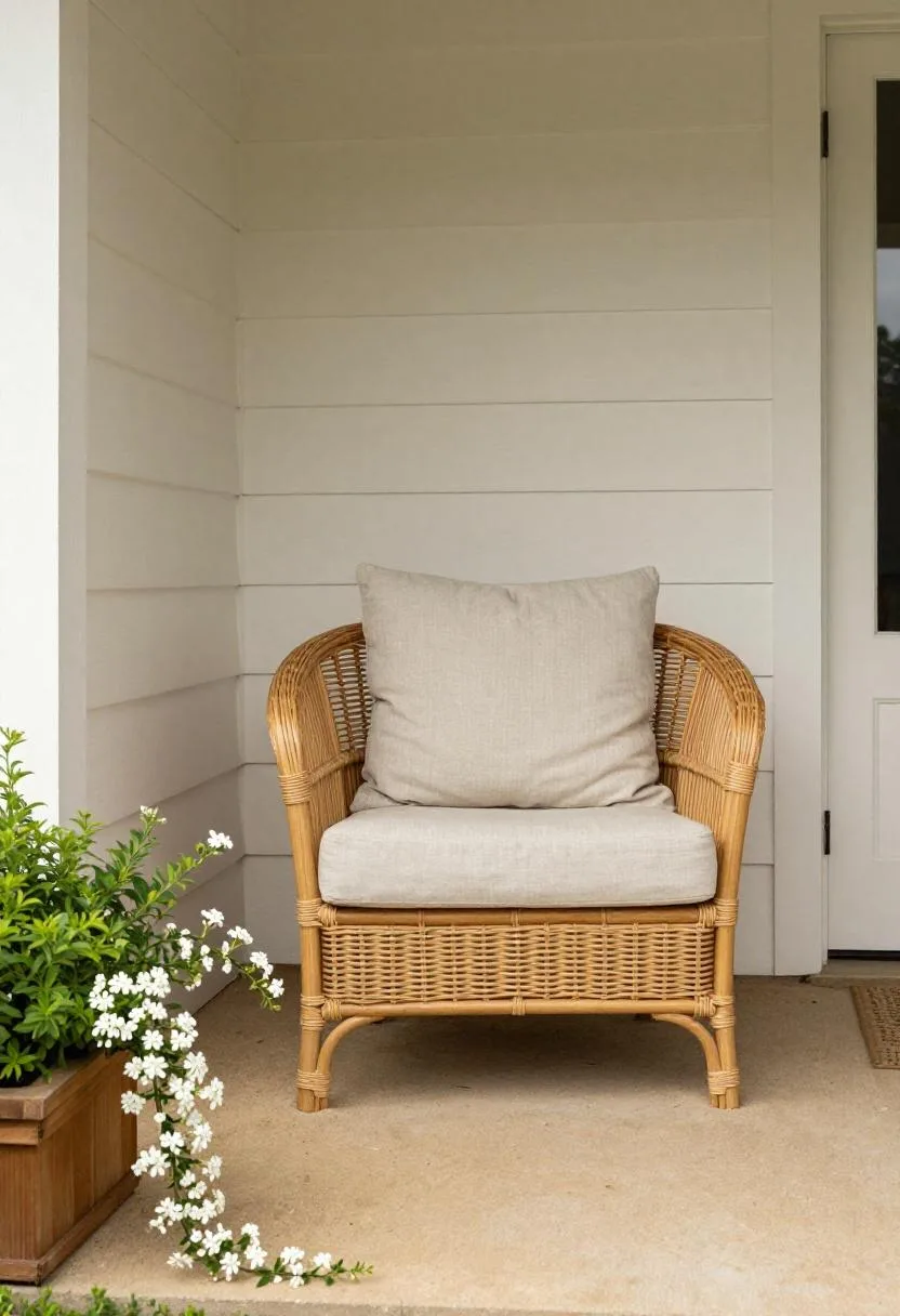 Rattan chair with linen cushion beside a cedar window box on a classic covered porch