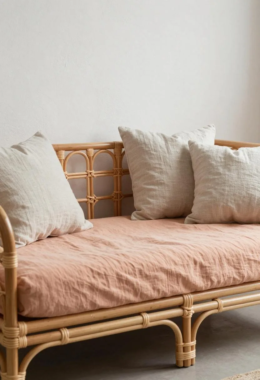 Rattan daybed with a peach cotton quilt and soft linen pillows against a textured white plaster wall