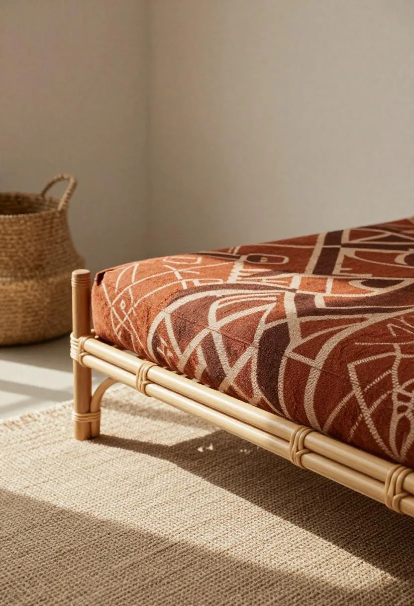 Rattan daybed styled with a rust mudcloth bolster pillow and a sisal basket on the floor in morning light