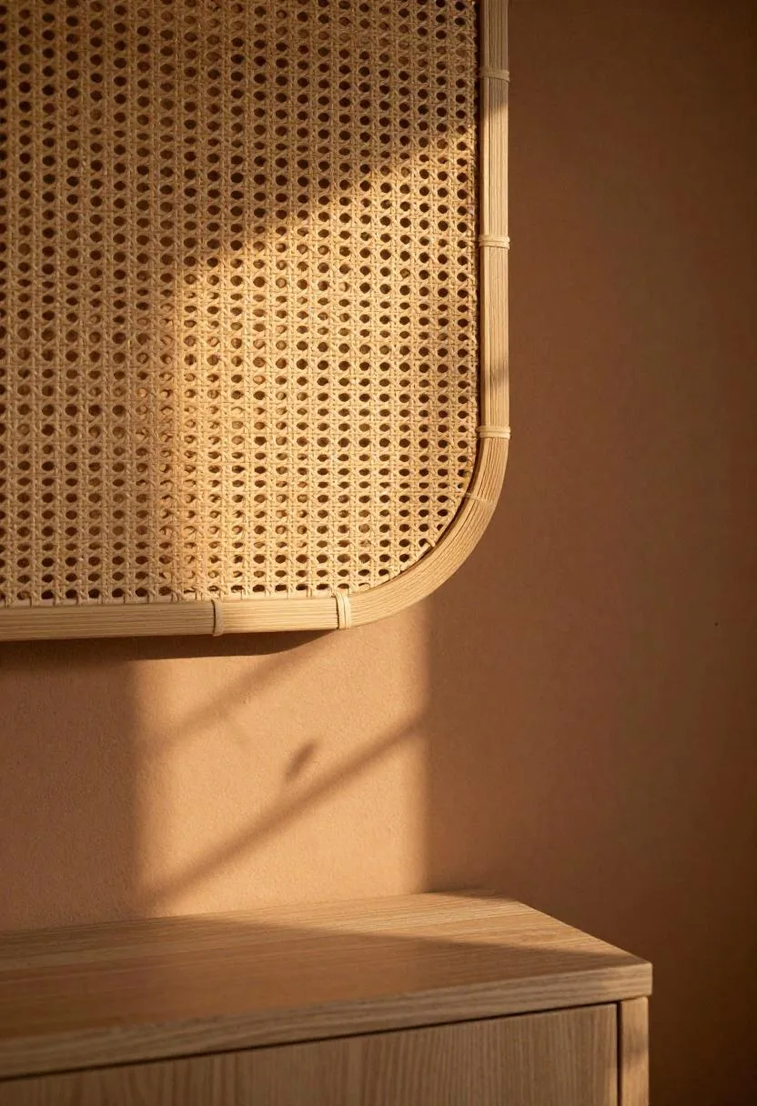 Rattan half-moon wall panel on a warm brown clay accent wall above a wooden bed headboard in a bohemian bedroom
