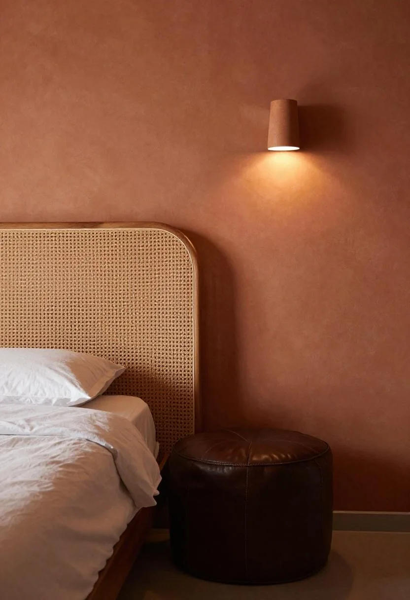 Rattan headboard with espresso leather pouf in a bohemian corner vignette
