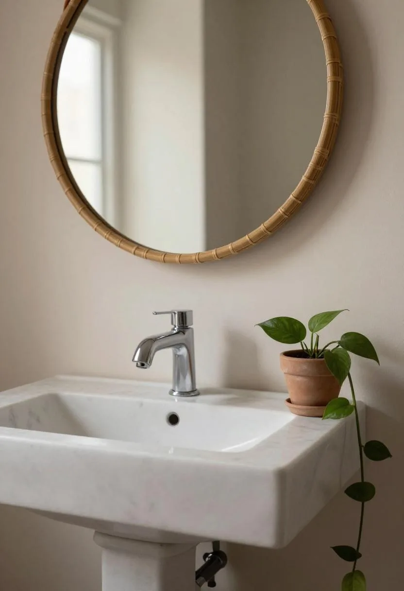 Rattan-framed mirror above a marble pedestal sink with a trailing pothos in a clay pot in a bohemian bathroom