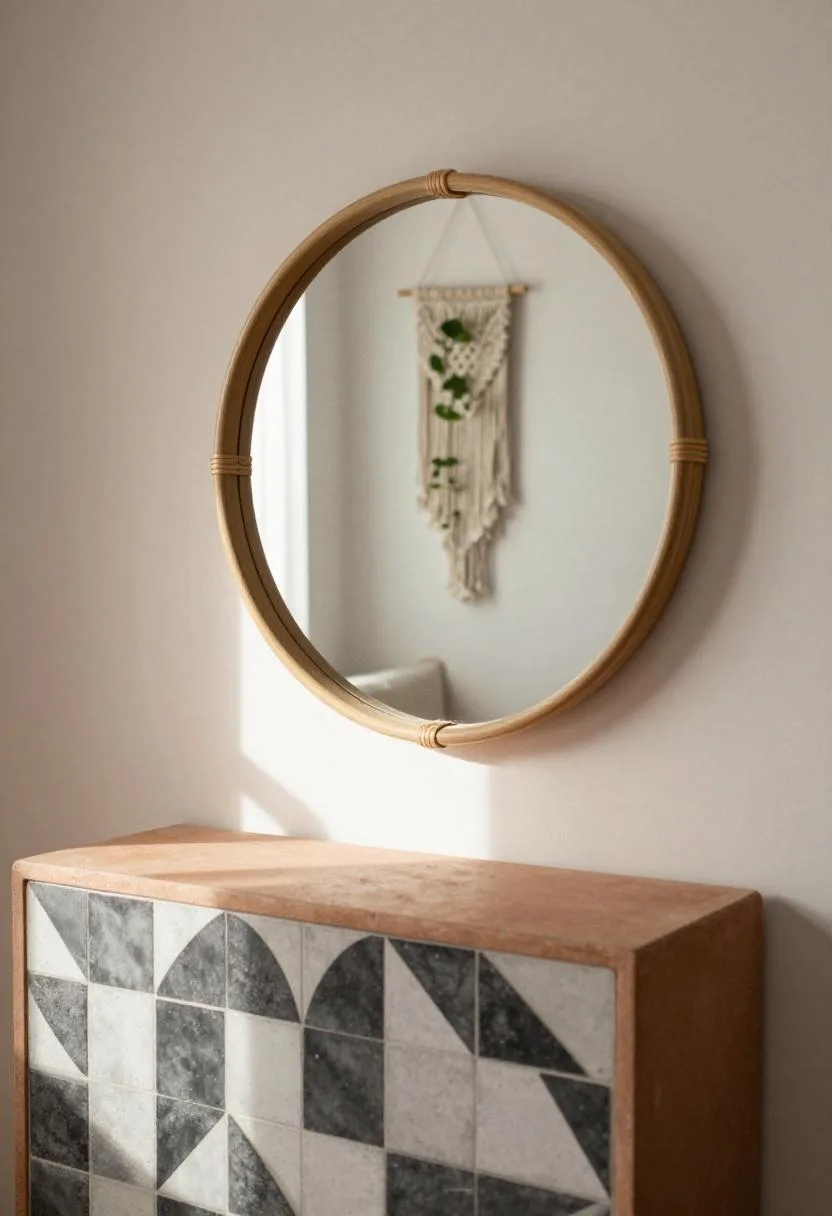 Rattan mirror above a terracotta vanity reflecting patterned tiles and a macramé pothos hanger in a bohemian bathroom