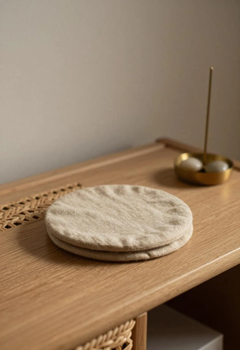 Rattan nightstand detail with linen coaster, brass incense holder, and smooth river stone in afternoon light
