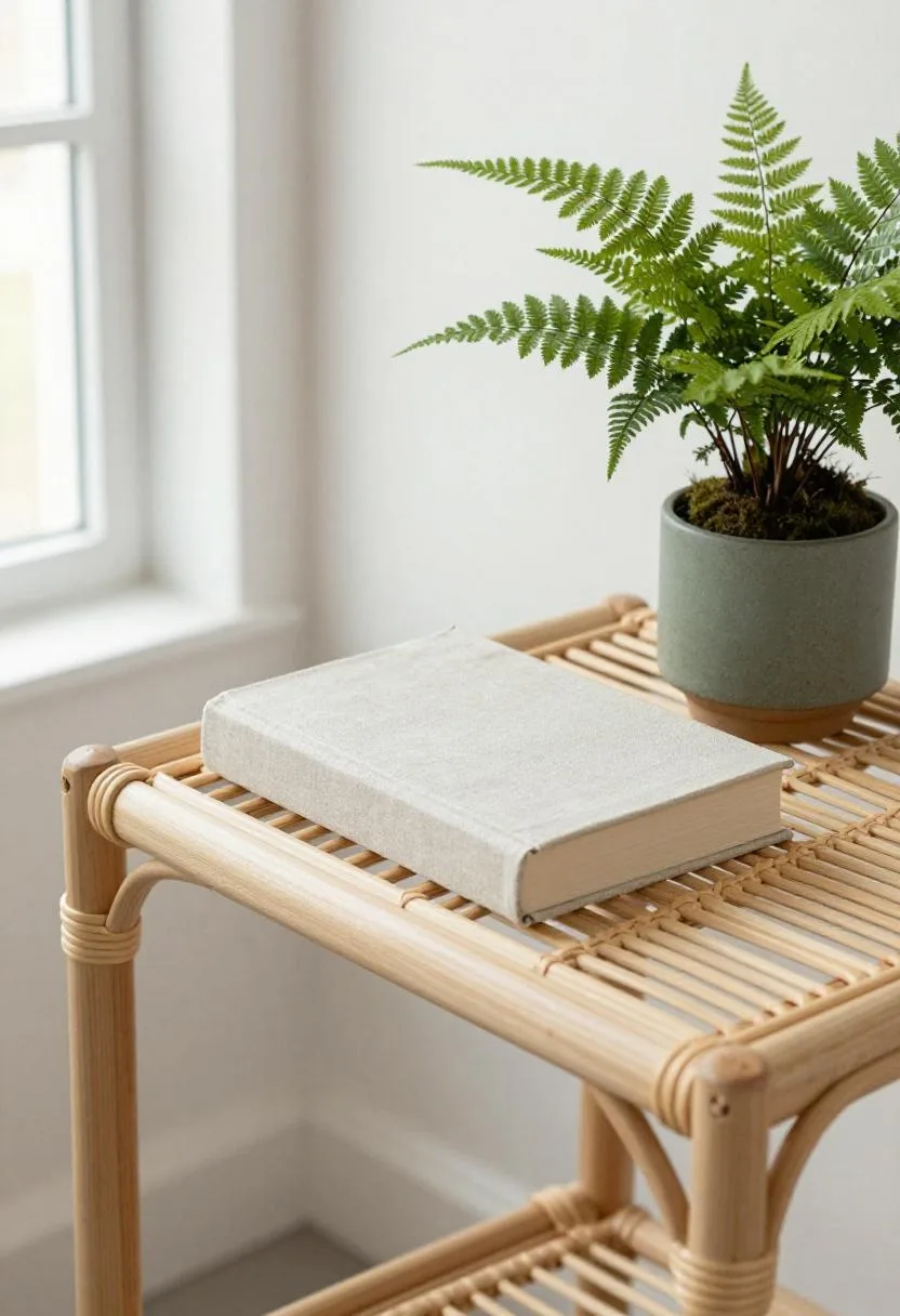 Rattan nightstand with a linen-covered book and moss-green ceramic fern pot for a fresh spring feel