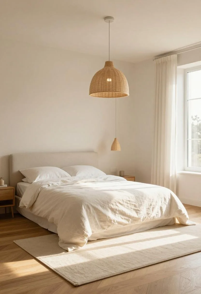 Rattan pendant lamp hung over a white linen bed with a cream cotton rug on warm oak flooring