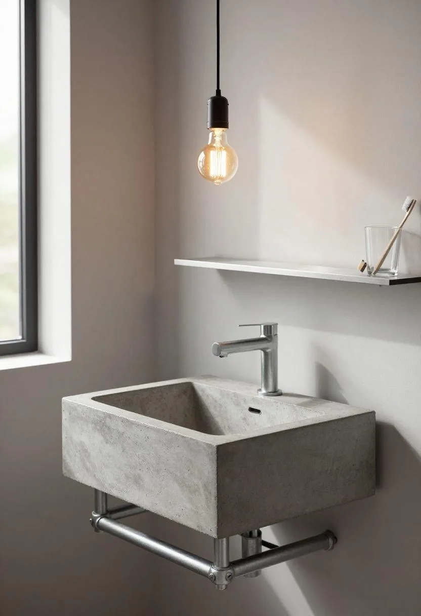 Raw concrete freestanding sink on a steel pipe frame beneath an Edison bulb pendant
