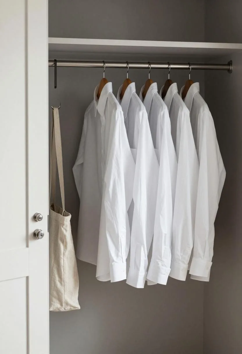 Reach-in closet interior with a dark charcoal accent wall and orderly white shirts hanging on a single central rod