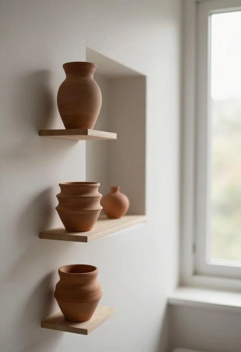 Recessed bathroom shelf with stacked terracotta vessels arranged at different heights in warm morning light