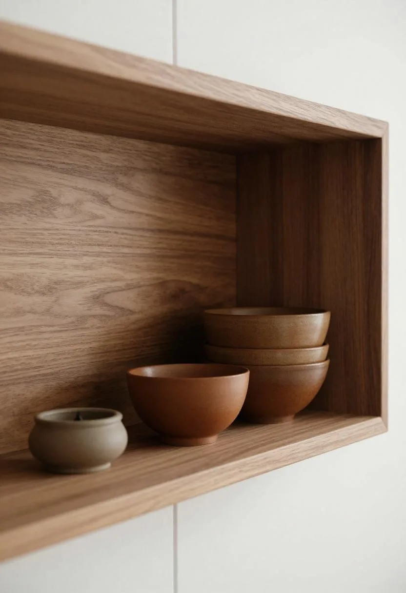 Recessed walnut shelf niche with warm brown ceramics using dead wall space for storage and display without jutting into the room