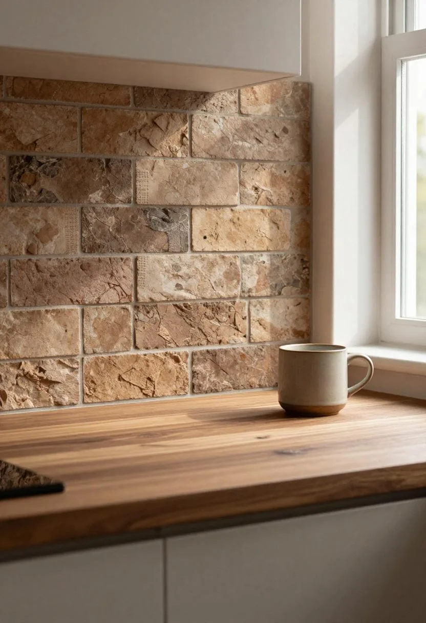 Reclaimed brown brick tile backsplash above walnut counter with ceramic mug at the kitchen window