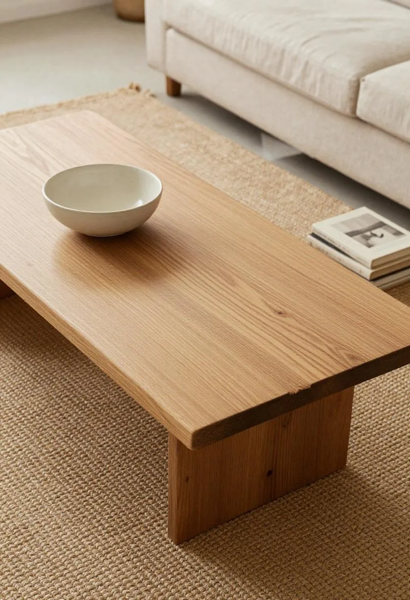 Overhead view of a reclaimed elm coffee table with a cream ceramic bowl and linen-covered books