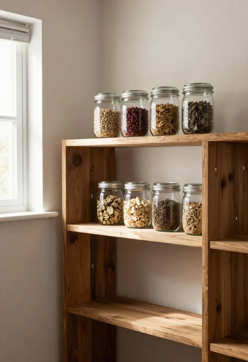 Reclaimed Douglas fir pantry shelves under the stairs stocked with uniform glass mason jars and dry goods
