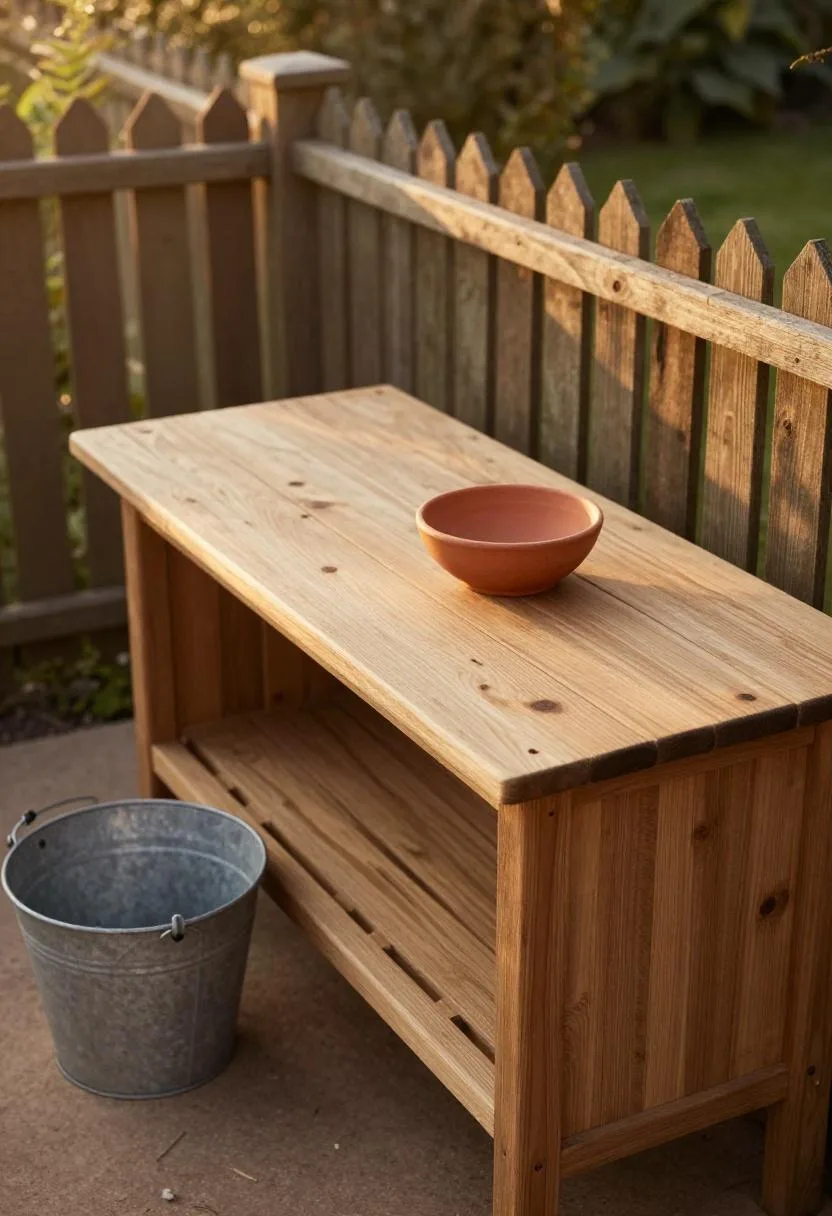 Reclaimed oak mud kitchen station with terracotta bowl against a garden fence at golden hour
