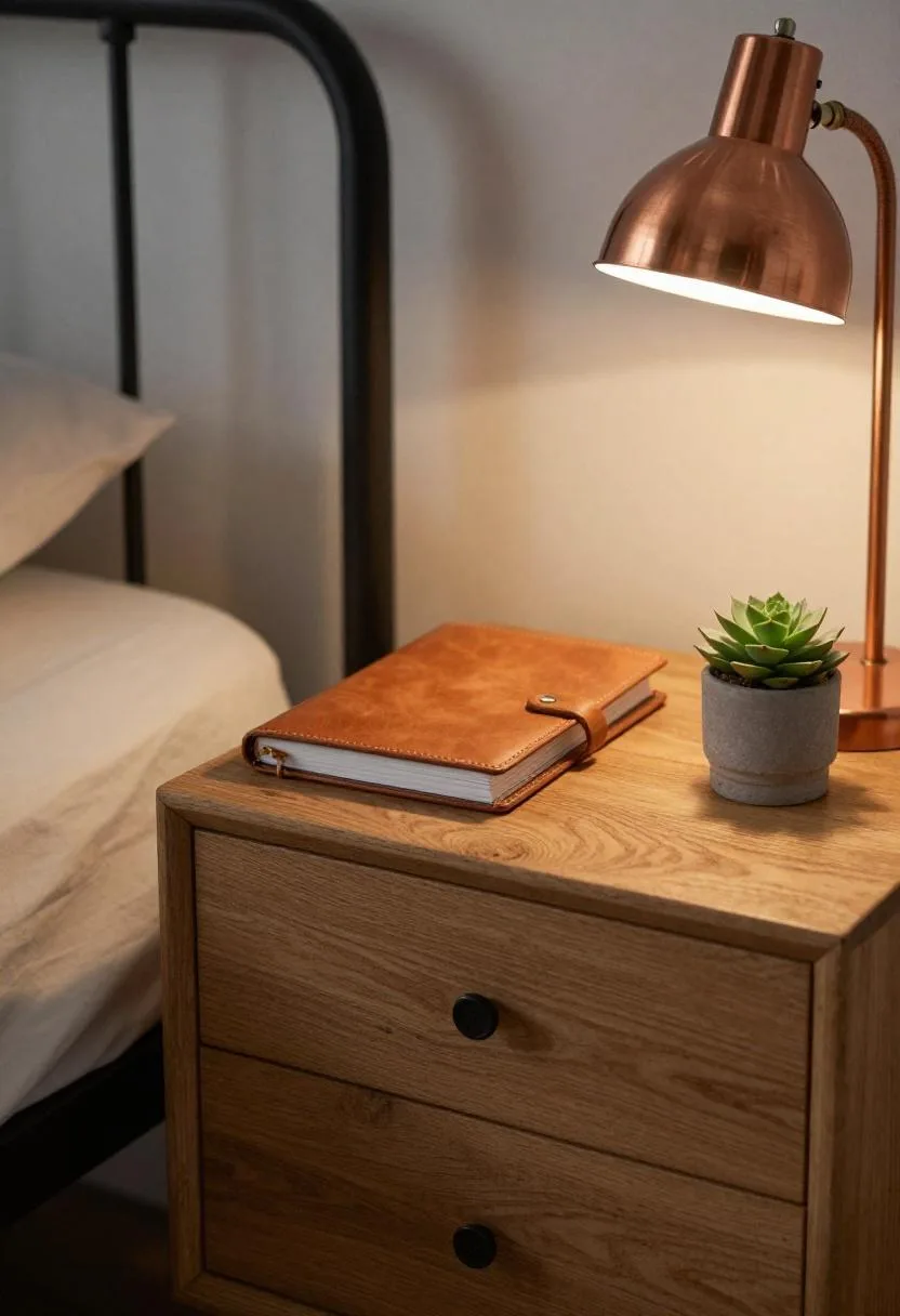 Reclaimed oak nightstand with copper desk lamp and leather journal in warm afternoon light