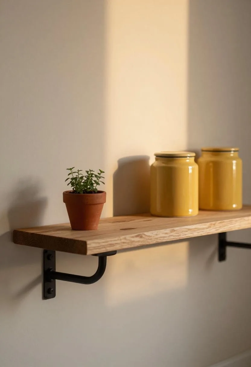 Reclaimed oak pipe-bracket shelf with yellow ceramic canisters and herb pot