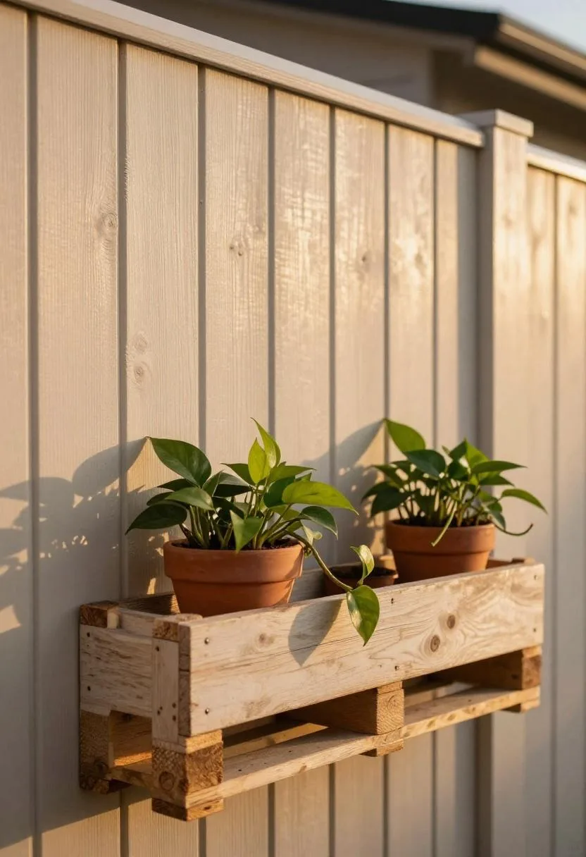 Reclaimed oak pallet garden mounted on a sienna fence with trailing pothos in golden-hour backlight