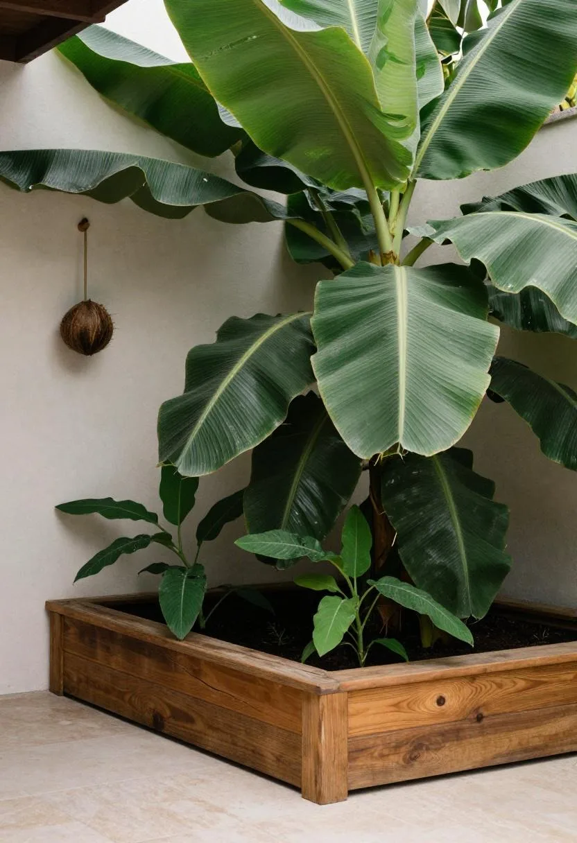 Reclaimed teak raised bed with sweet potato vines on a tropical deck surrounded by banana leaves