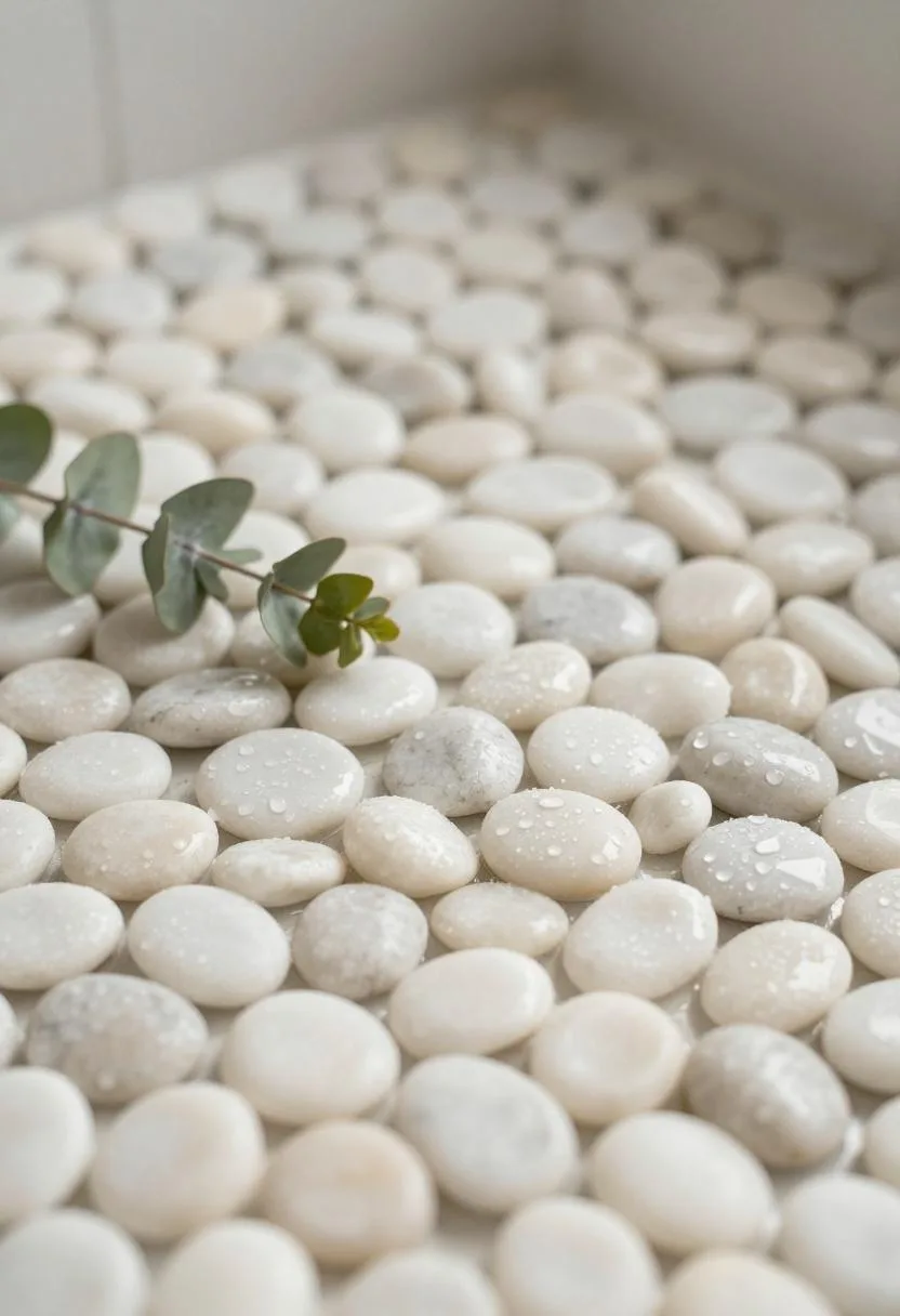 Off-white river pebble mosaic shower floor with a fresh eucalyptus sprig hung from the wall