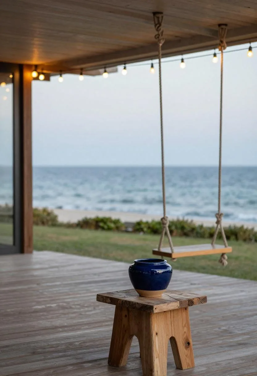 Rope swing chair and navy ceramic planter under string lights on a coastal deck at dusk