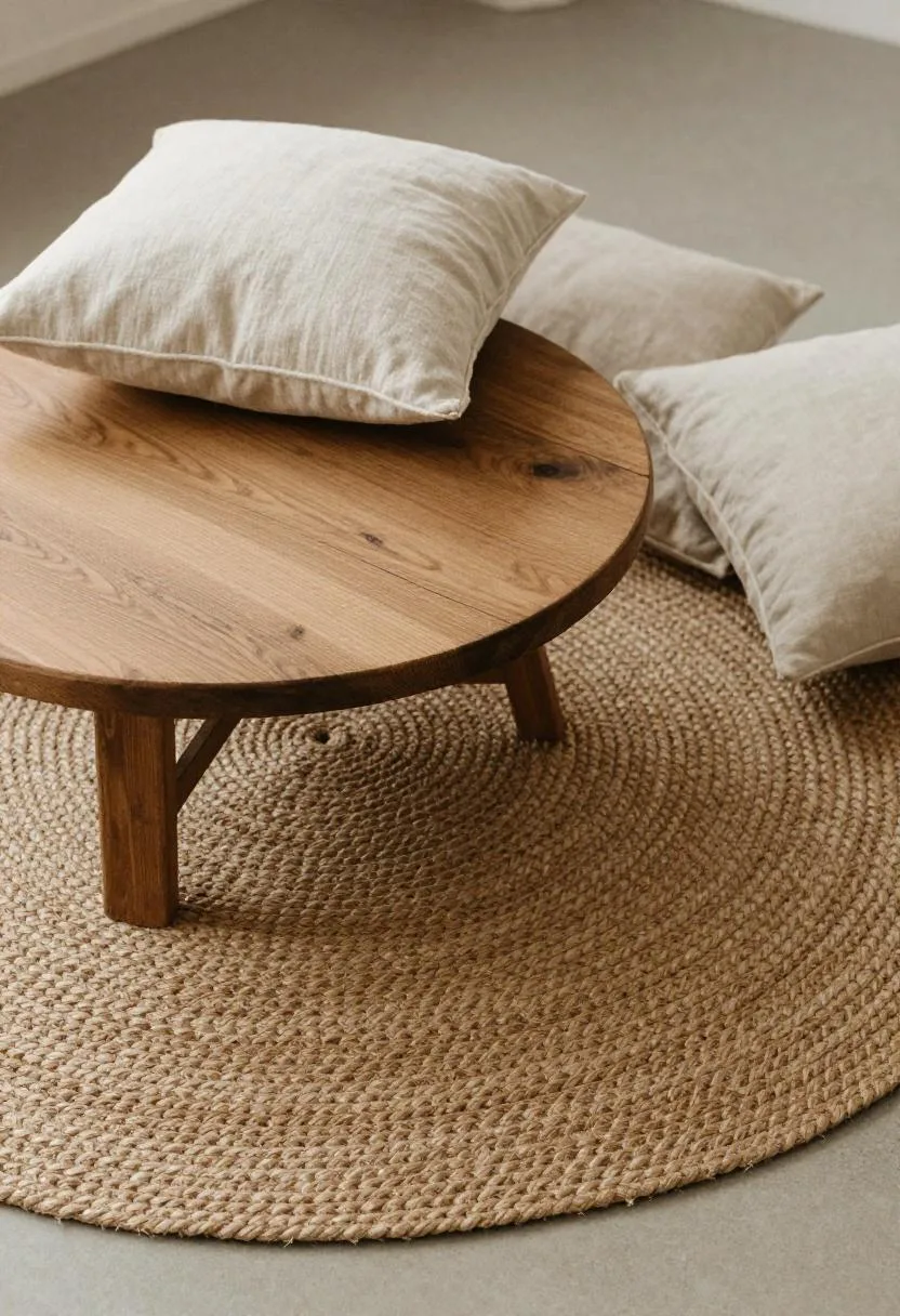 Round braided jute rug with a distressed pine coffee table in soft overhead daylight