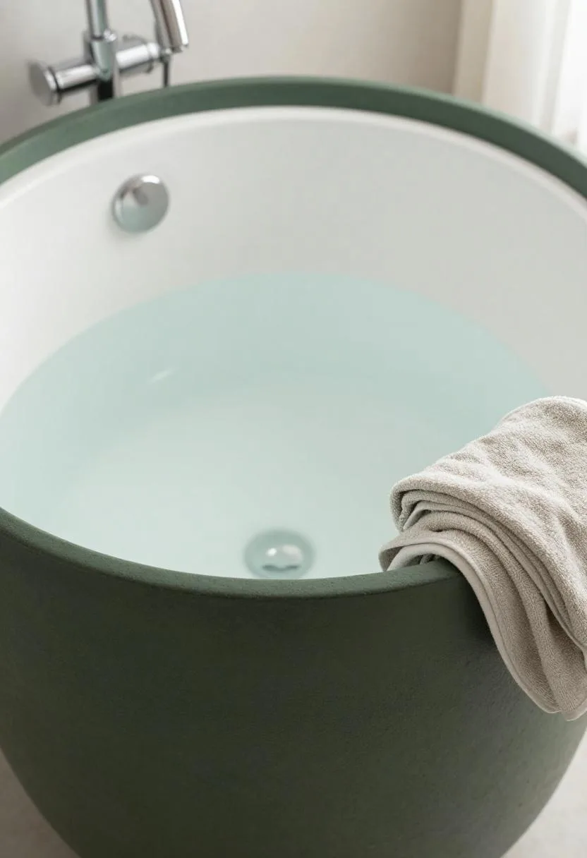 Overhead view of a round concrete freestanding tub with dark green exterior, white interior, and sage linen towel