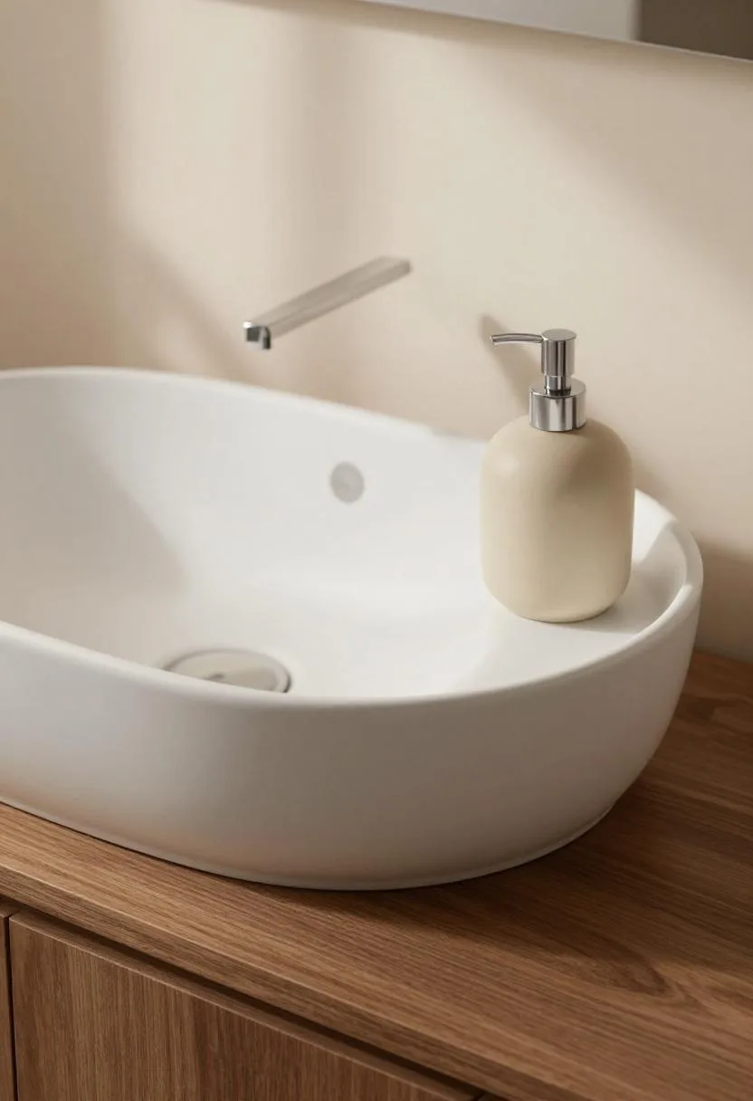 Round matte white ceramic vessel sink set on a thick walnut wood slab countertop with a single ceramic soap dispenser beside it
