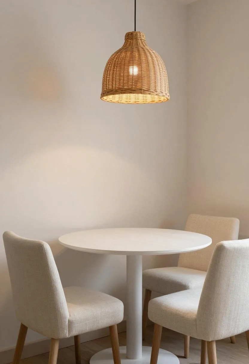 Round white oak dining table tucked into a corner nook with a rattan pendant above seating two without crowding the studio