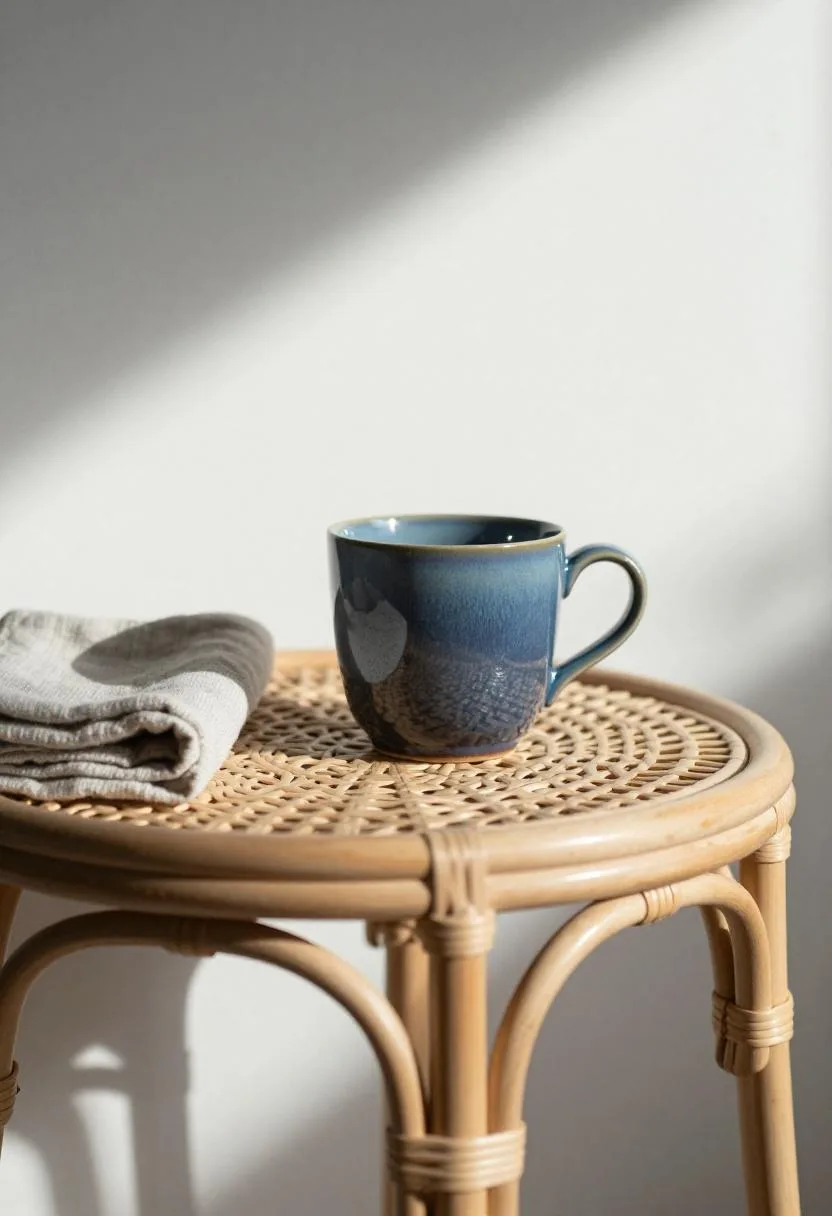 Round rattan nightstand styled with a steel-blue ceramic mug and folded linen in warm morning light